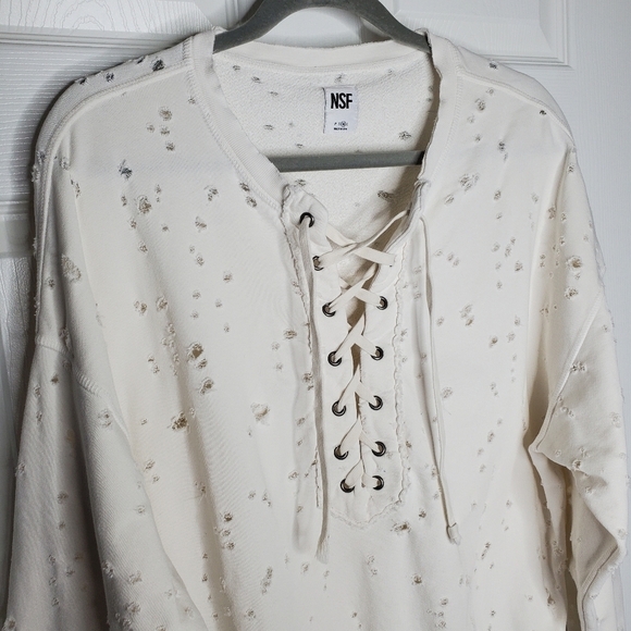 NSF White Destroyed Distressed Terry Lace Up Pullover Sweatshirt - Picture 3 of 9